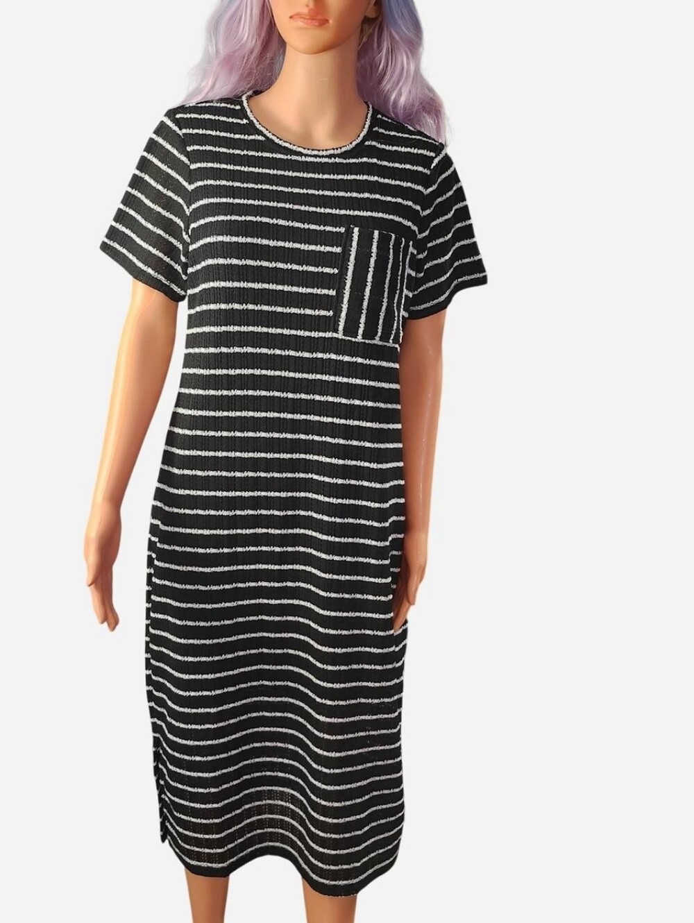 Andrew Marc Black and White Striped Knit Tee Dress / NWT / Medium
